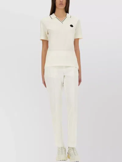 Moncler V Neck Cotton Pique Polo Top In Neutral