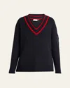 Moncler Wool Blend Sweater With Stripe And Patch In Black