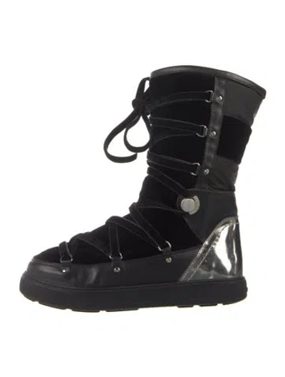 Pre-owned Moncler Velvet Leather Trim Embellishment Snow Boots In Blue