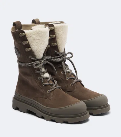 Moncler Vera Shearling-trimmed Suede Lace-up Boots In Brown