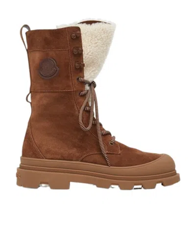 Moncler Vera High Shearling-trimmed Suede Mid-calf Boots In Brown
