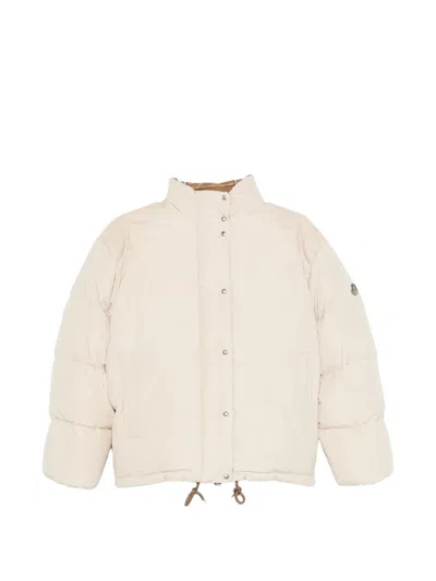 Moncler Verone Leather-trimmed Short Down Jacket In Neutral
