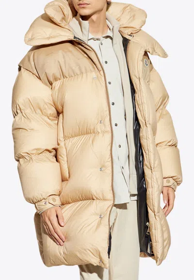 Moncler Verone Zip-up Long Down Jacket In Beige
