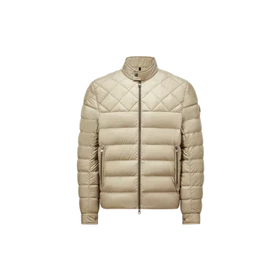 Moncler Tuile Leather-trimmed Down Biker Jacket Beige