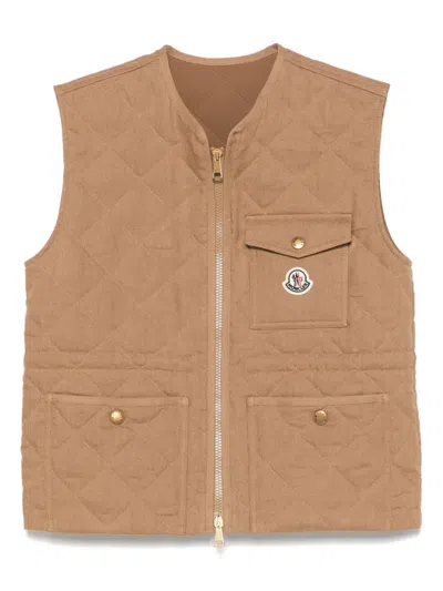 Moncler Vigny Padded Quilted Linen Vest In Brown