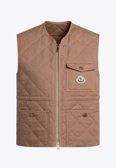 Moncler Vigny Quilted Linen Zip-up Vest In Beige