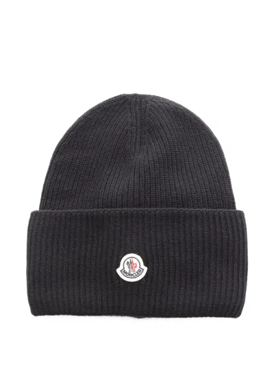 Pre-owned Moncler Vintage 2020s Logo Patch Beanie Hat In Black