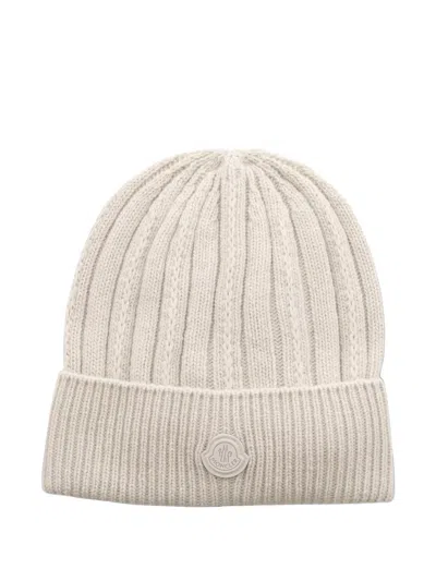 Pre-owned Moncler Vintage 2020s Logo-patch Ribbed-knit Beanie Hat In Neutrals