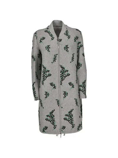 Pre-owned Moncler Vintage Floral-embroidered Zip-up Coat In Gray