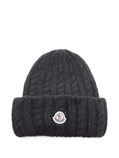 Pre-owned Moncler Vintage Logo Patch Cable-knit Beanie Hat In Black