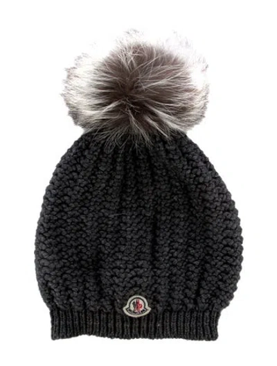 Pre-owned Moncler Virgin Wool Beanie With Fur Pom-pom Embellishment In Gray