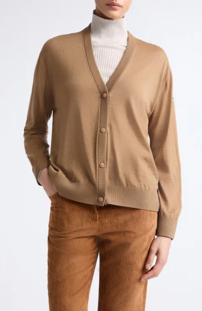 Moncler Virgin Wool Cardigan In Brown