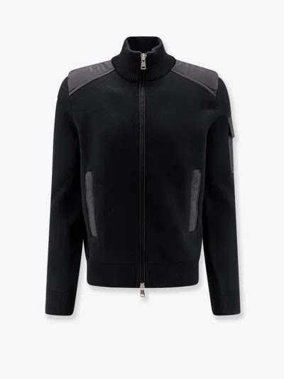 Moncler Virgin Wool Cardigan With Logo Patch In Black