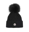 Moncler Ribbed Knit Wool Beanie With Faux Fur Pom-pom In Black