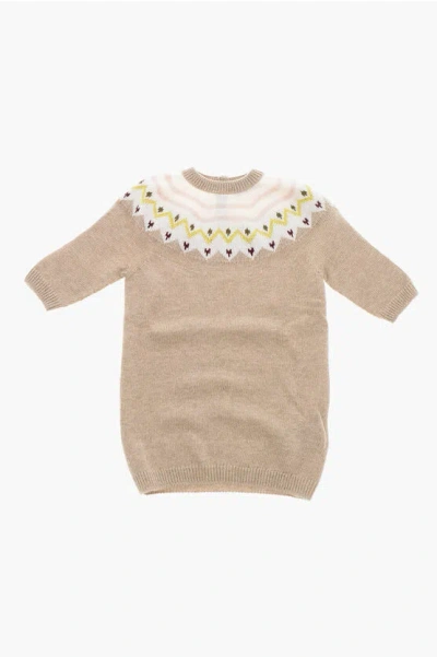 Moncler Virgin Wool Crew-neck Dress With Fair-isle Motif In Neutral