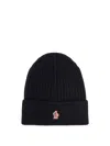 Moncler Black Ribbed Virgin Wool Knit Beanie In Blue