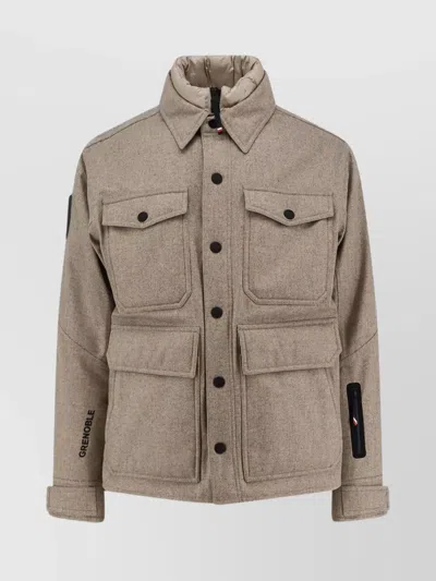 MONCLER VIRGIN WOOL JACKET WITH HIGH COLLAR AND POCKETS