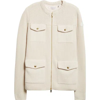 Moncler Virgin Wool Knit & Down Cardigan In Neutral