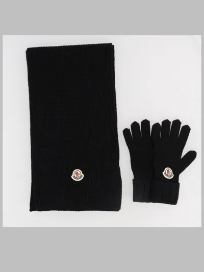 Moncler Virgin Wool Knit Glove & Scarf Set In Black