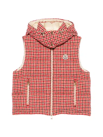 Moncler Virgin Wool Polyamide Lyocell Houndstooth Padded Gilet In Red