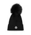 Moncler Ribbed Knit Wool Beanie With Faux Fur Pom-pom In Black