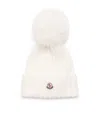 Moncler Logo Extrafine Wool Pom Pom Beanie In White