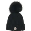 Moncler Ribbed Knit Wool Beanie With Faux Fur Pom-pom In Black