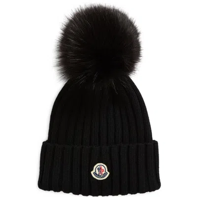 Moncler Virgin Wool Rib Beanie With Faux Fur Pompom In Black