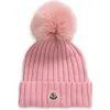 Moncler Virgin Wool Rib Beanie With Faux Fur Pompom In Pink