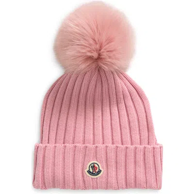 Moncler Virgin Wool Rib Beanie With Faux Fur Pompom In Pink