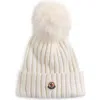 Moncler Virgin Wool Rib Beanie With Faux Fur Pompom In White