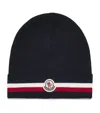 Moncler Tricolor Stripe Ribbed Wool Beanie In Blue