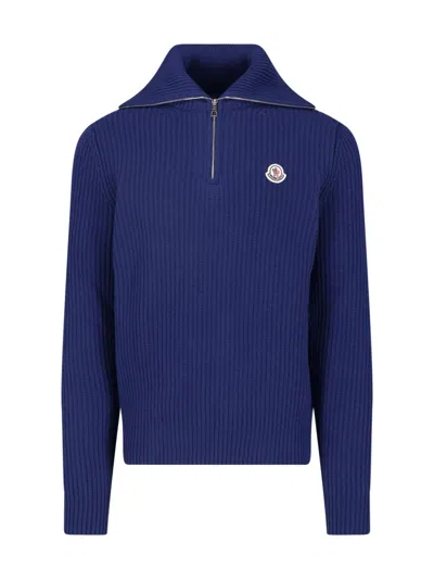 Moncler Virgin Wool Zip Sweater In Blue
