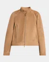 Moncler Vougeot Suede Short Down Combo Jacket With Teddy Trim In Brown