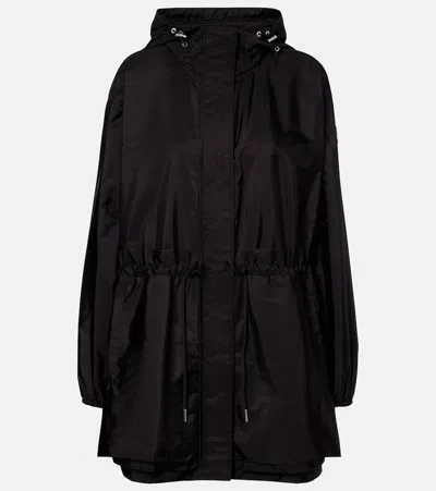 Moncler Long Hooded Coat Elastic Cuffs Drawstring Waist In Black