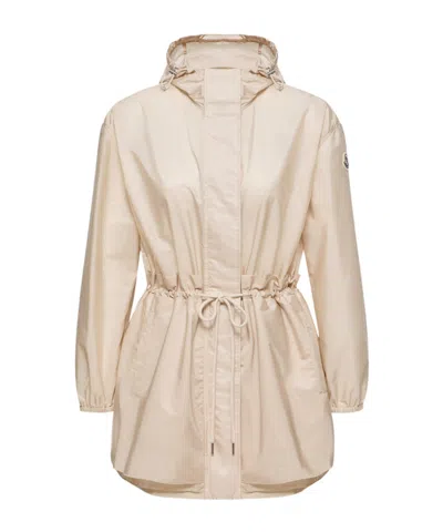 Moncler Weteau Ruched-trim Hooded Mid-length Jacket In Neutral