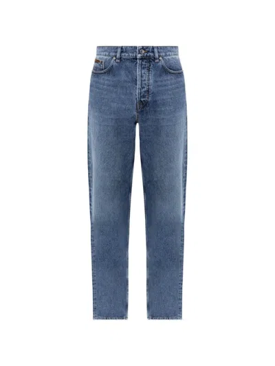 Moncler Whiskering-effect Logo-patch Jeans In Blue