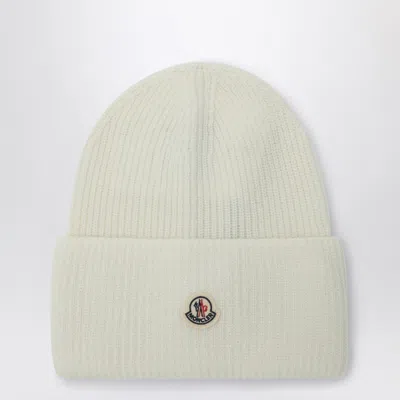 Moncler White Wool Beanie With Logo Patch