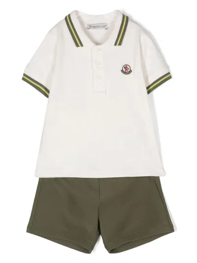 Moncler Kids' White And Green Polo Shirt And Shorts Set With Logo