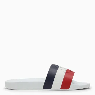 MONCLER MONCLER | WHITE BASILE SLIDE WITH TRICOLOUR BAND AND LOGO