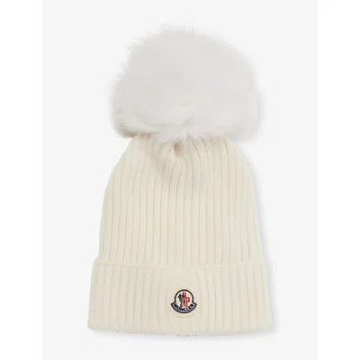 Moncler Kids' White Brand-badge Ribbed Wool Knit Hat