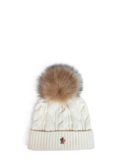 Moncler White Cable-knit Wool And Cashmere Blend Pom-pom Beanie In Brown