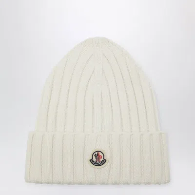 Moncler White Cable-knit Wool Beanie With Logo