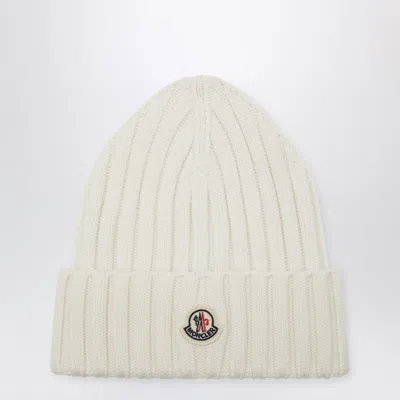 Moncler White Cable-knit Wool Beanie With Logo In Neutral