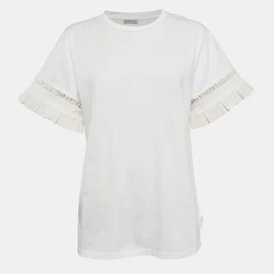 Pre-owned Moncler White Cotton Flared Sleeve Logo Lace Detail T-shirt L