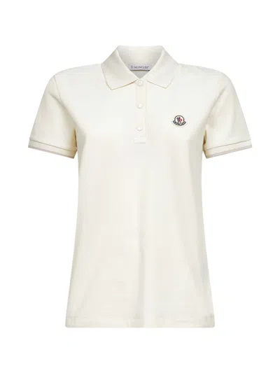Moncler White Cotton Pique Logo Patch Polo Shirt In Neutral