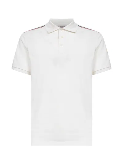 Moncler White Cotton Pique Polo Shirt With Tricolor Trims In Multi