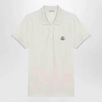 Moncler White Cotton Polo Shirt With Logo Patch In Neutral