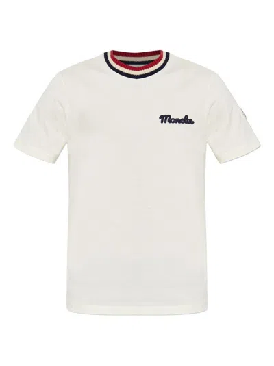 Moncler White Cotton T-shirt With A Contrasting Ribbed Striped Collar And Logo In Sand