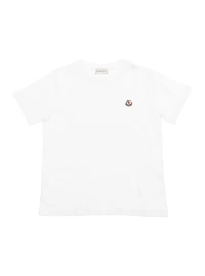 Moncler Kids' White Crewneck T-shirt With Logo Patch In Cotton Boy